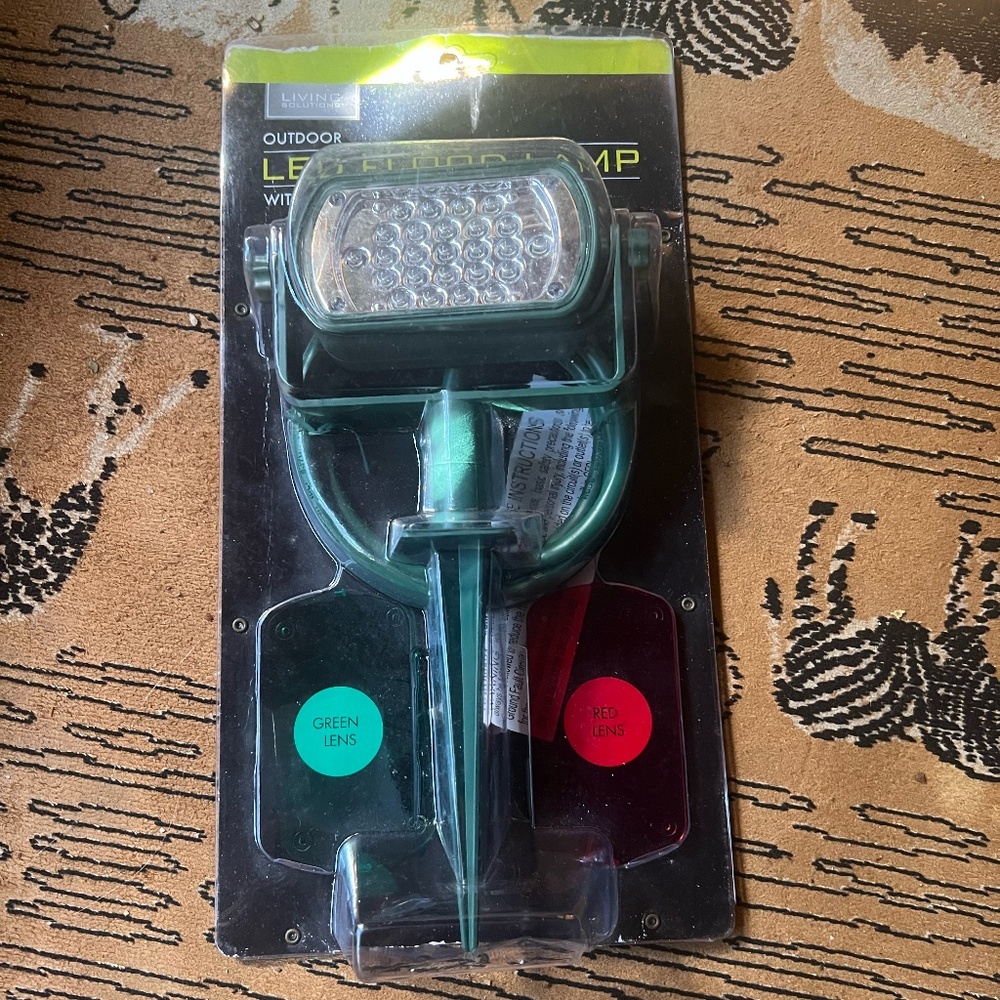 Outdoor LED Flood Lamp with Green and Red Lenses and Ground Stake